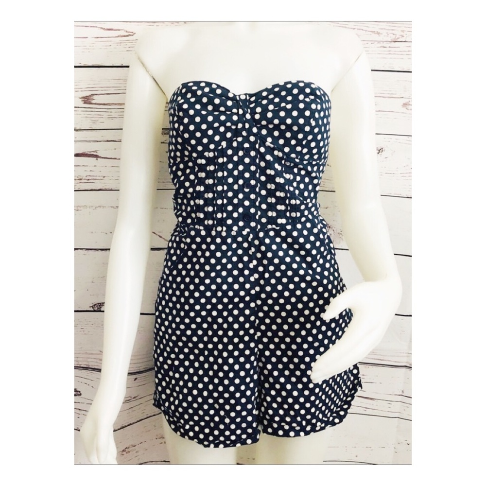 Pins & Needles Navy Polka Dot Strapless Romper